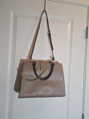 Gianni Bini Taupe Satchel Crossbody with Black Handles and Gold Hardware